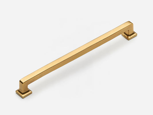 Solid brass Promontory appliance pull, 12 inches, in an aged brass finish for cabinets.