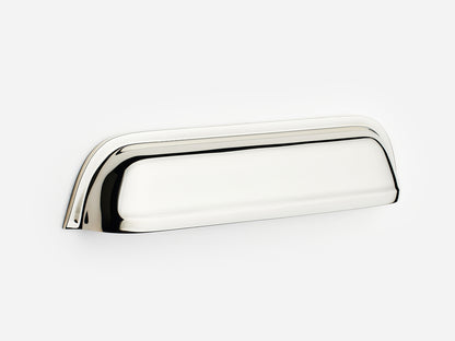 Solid brass Cygnet bin pull, 6 inches, in a polished nickel finish for cabinets.