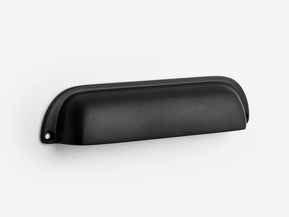 Solid brass Dane bin pull, 6 inches, in a matte black finish for cabinets.