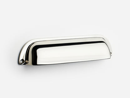 Solid brass Dane bin pull, 6 inches, in a polished nickel finish for cabinets.