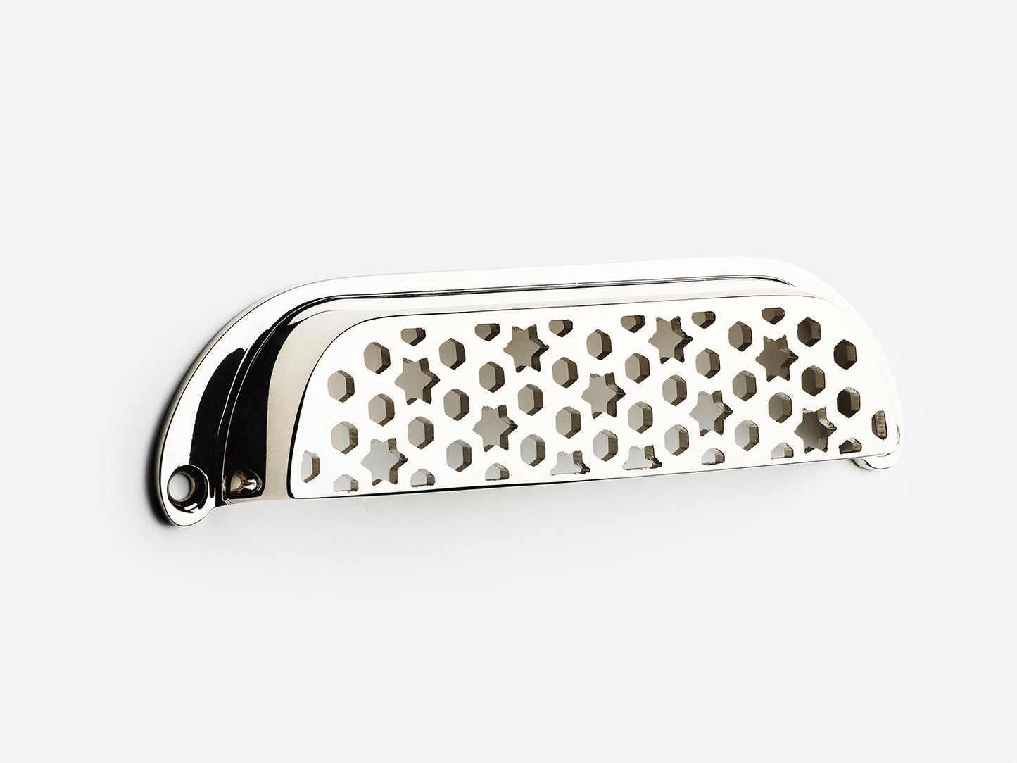 Solid brass France bin pull, 6 inches, in a polished nickel finish for cabinets.