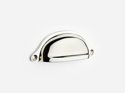 Solid brass Liberty bin pull, 4 inches, in a polished nickel finish for cabinets.