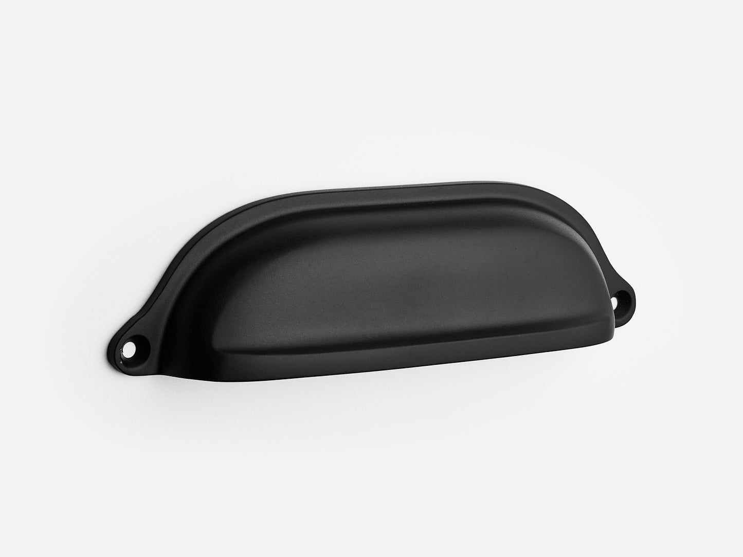 Solid brass Liberty bin pull, 6 inches, in a matte black finish for cabinets.