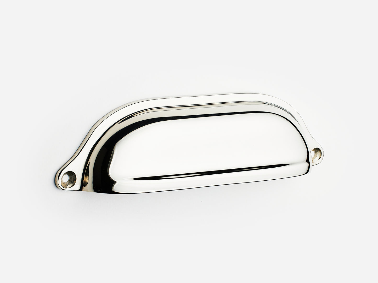 Solid brass Liberty bin pull, 6 inches, in a polished nickel finish for cabinets.