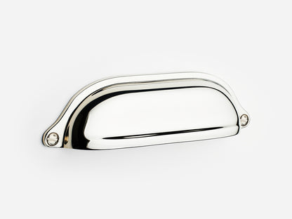 Solid brass Liberty bin pull, 6 inches, in a polished nickel finish for cabinets.