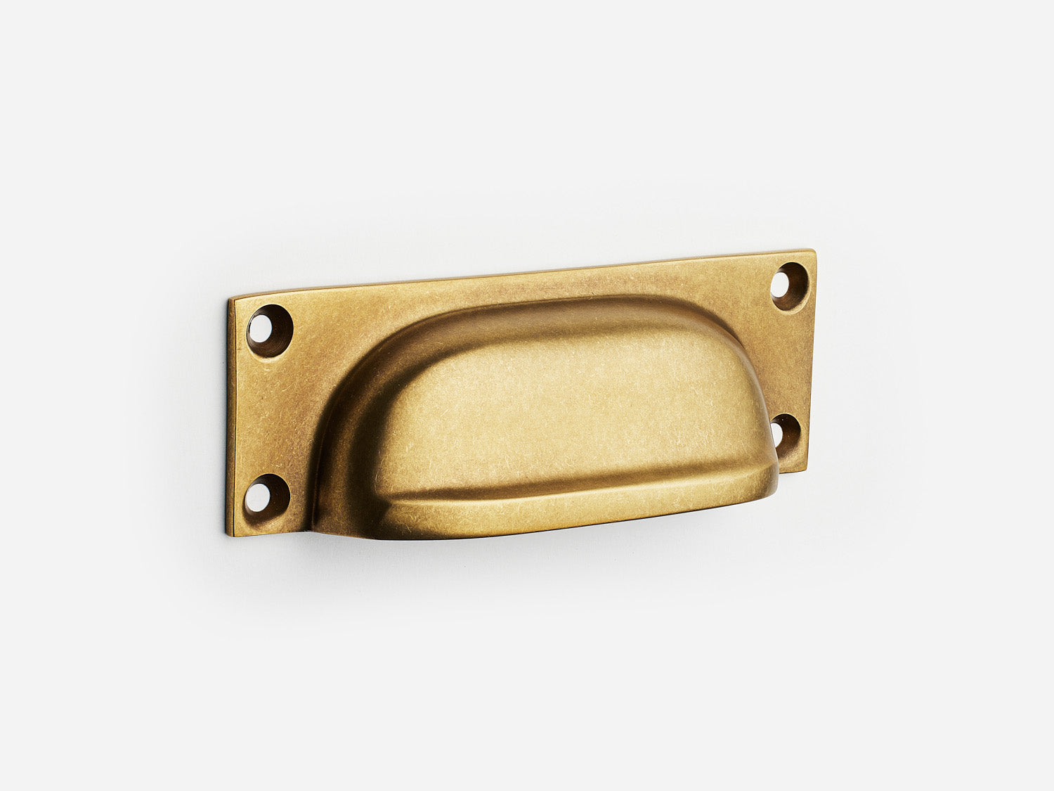Solid brass Yorkshire bin pull, 4 inches, in an aged brass finish for cabinets.