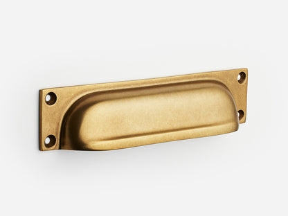 Solid brass Yorkshire bin pull, 6 inches, in an aged brass finish for cabinets.