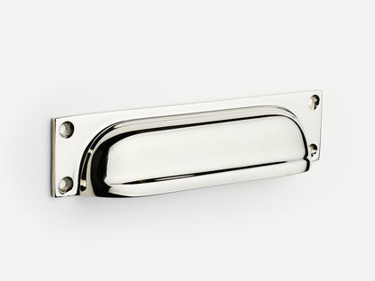 Solid brass Yorkshire bin pull, 6 inches, in a polished nickel finish for cabinets.