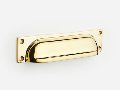 Solid brass Yorkshire bin pull, 6 inches, in an unlacquered polished brass finish for cabinets.