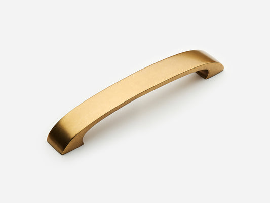 Solid brass Aldo drawer pull, 6 inches, in an aged brass finish for cabinets.