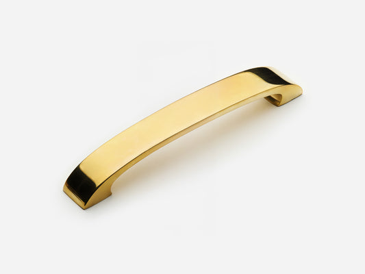 Solid brass Aldo drawer pull, 6 inches, in an unlacquered polished brass finish for cabinets.