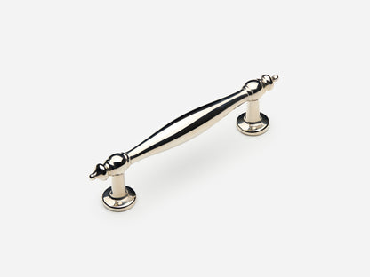 Solid brass Bougie drawer pull, 4 inches, in a polished nickel finish for cabinets.