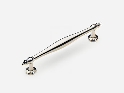 Solid brass Bougie drawer pull, 6 inches, in a polished nickel finish for cabinets.