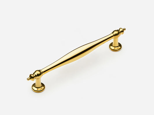 Solid brass Bougie drawer pull, 6 inches, in an unlacquered polished brass finish for cabinets.