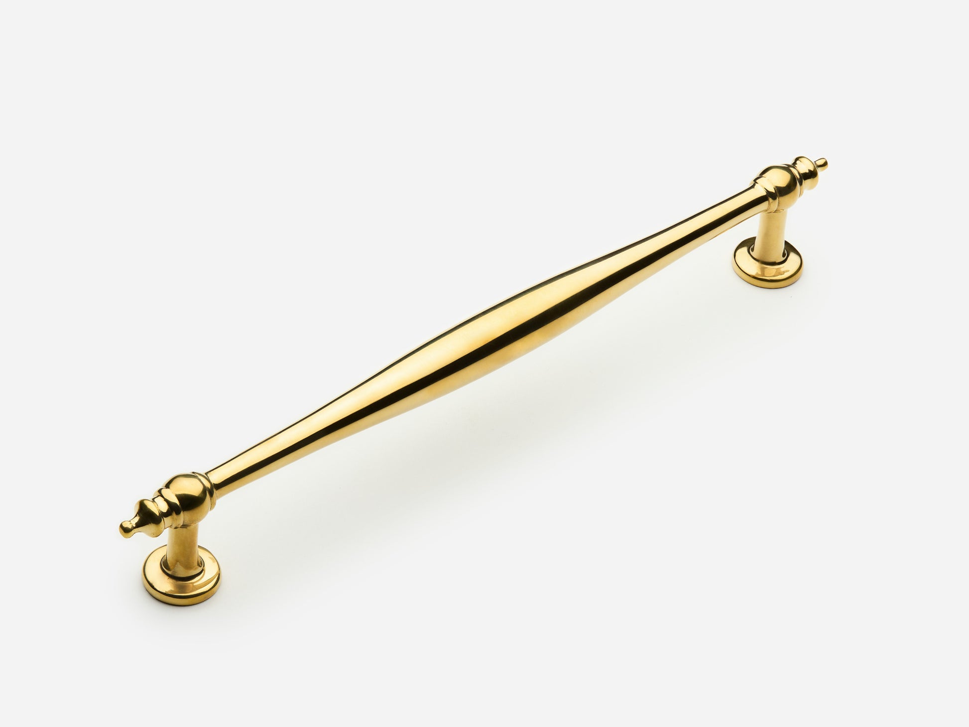 Solid brass Bougie drawer pull, 8 inches, in an unlacquered polished brass finish for cabinets.