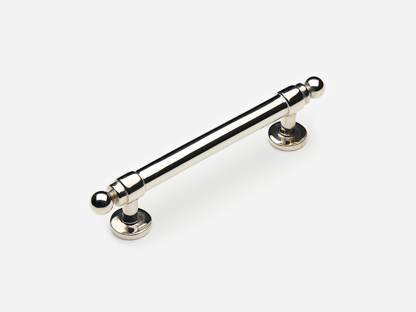Solid brass Campaign drawer pull, 4 inches, in a polished nickel finish for cabinets.
