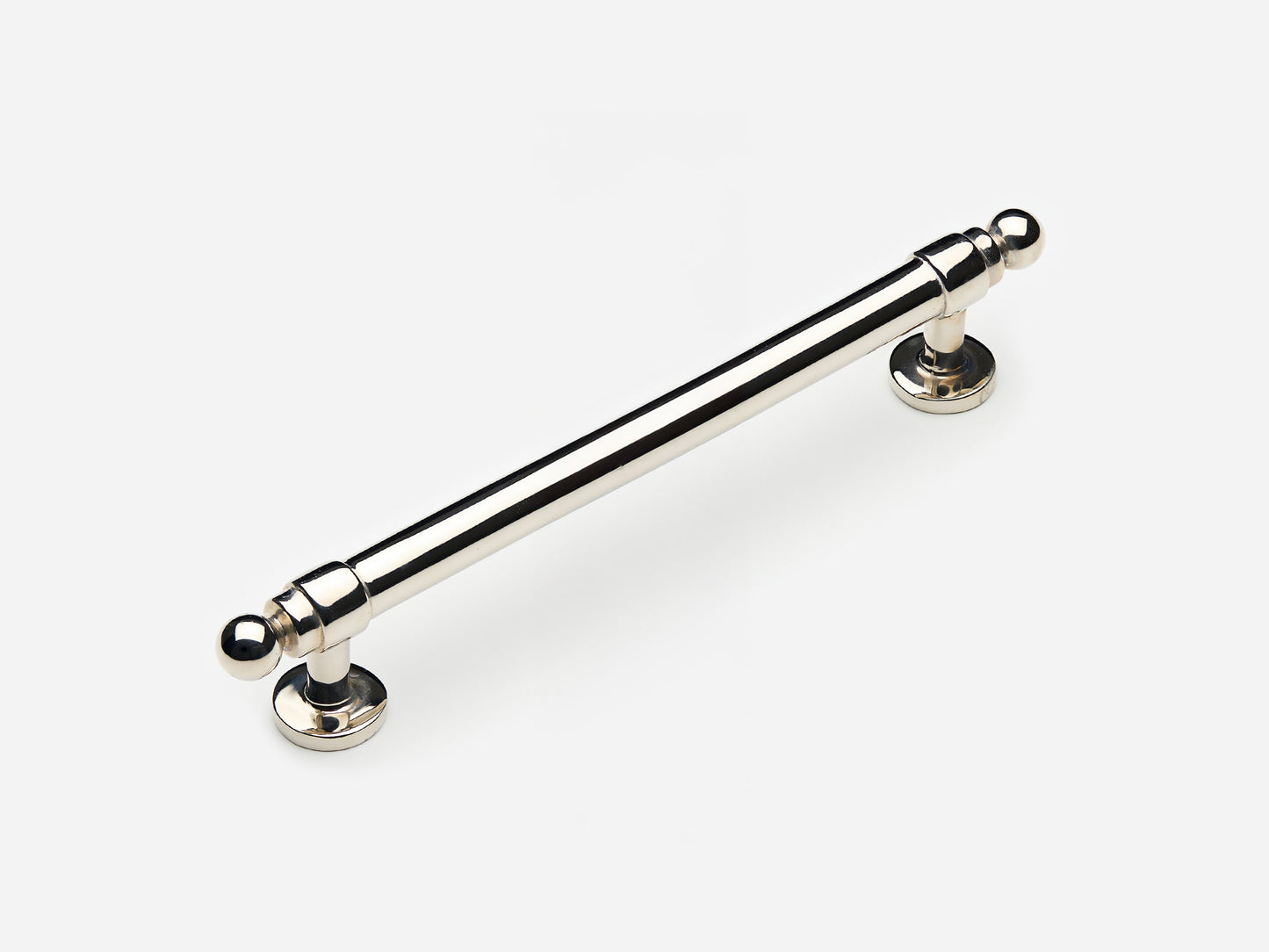 Solid brass Campaign drawer pull, 6 inches, in a polished nickel finish for cabinets.