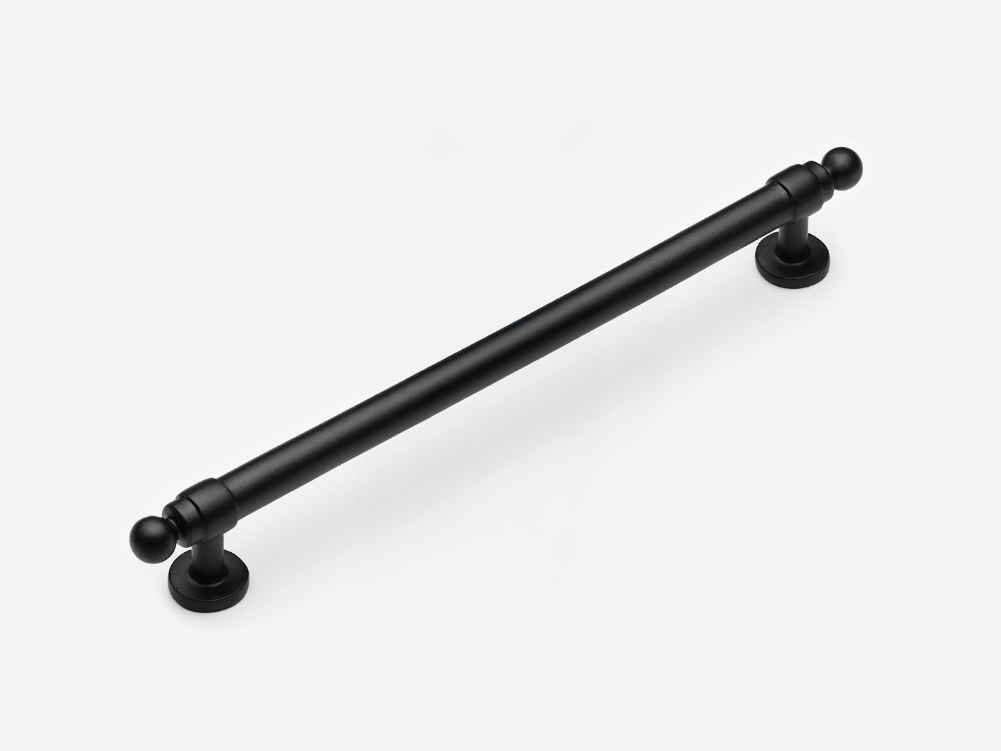 Solid brass Campaign drawer pull, 8 inches, in a matte black finish for cabinets.