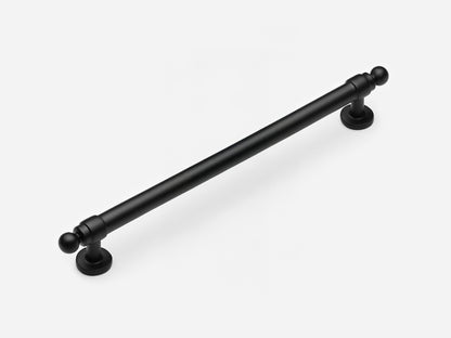 Solid brass Campaign drawer pull, 8 inches, in a matte black finish for cabinets.