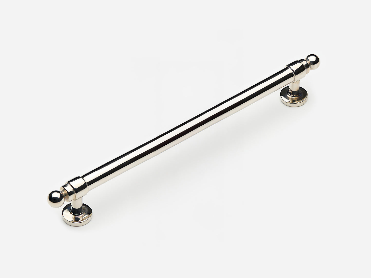 Solid brass Campaign drawer pull, 8 inches, in a polished nickel finish for cabinets.