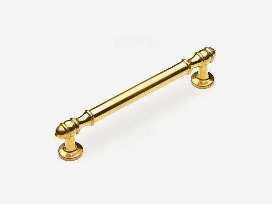Solid brass Deseret drawer pull, 6 inches, in an unlacquered polished brass finish for cabinets.
