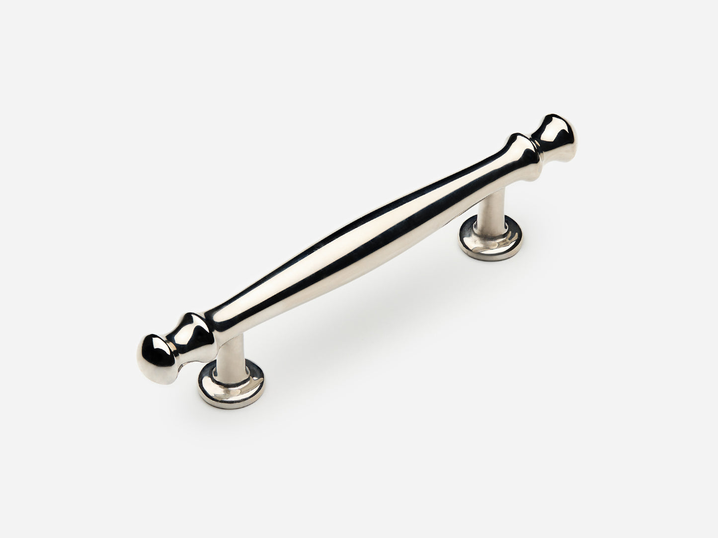 Solid brass Helena drawer pull, 4 inches, in a polished nickel finish for cabinets.