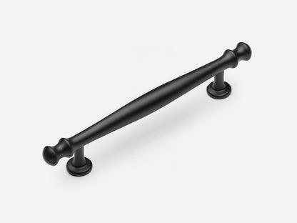 Solid brass Helena drawer pull, 6 inches, in a matte black finish for cabinets.