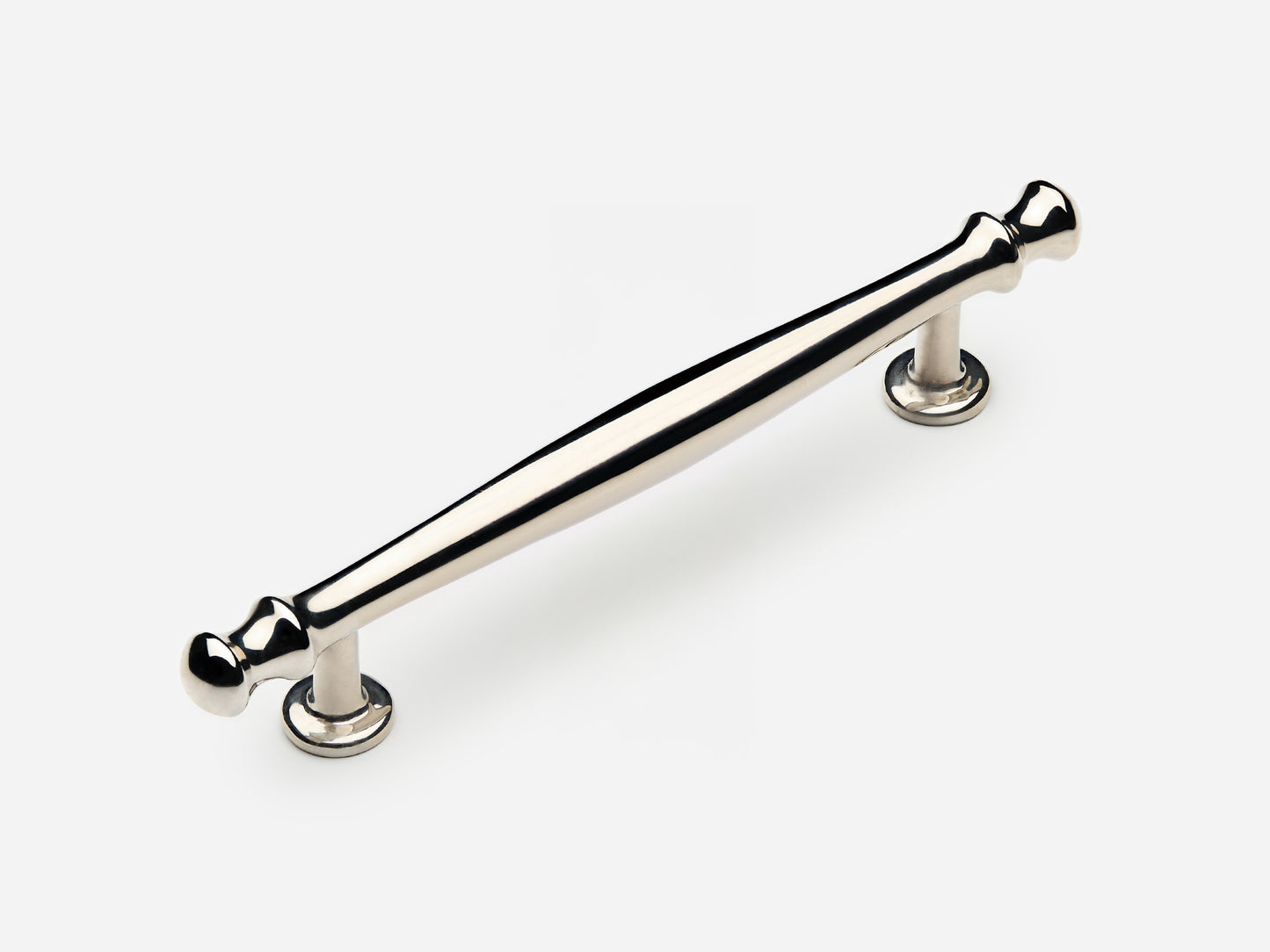 Solid brass Helena drawer pull, 6 inches, in a polished nickel finish for cabinets.