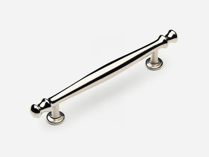 Solid brass Helena drawer pull, 6 inches, in a polished nickel finish for cabinets.