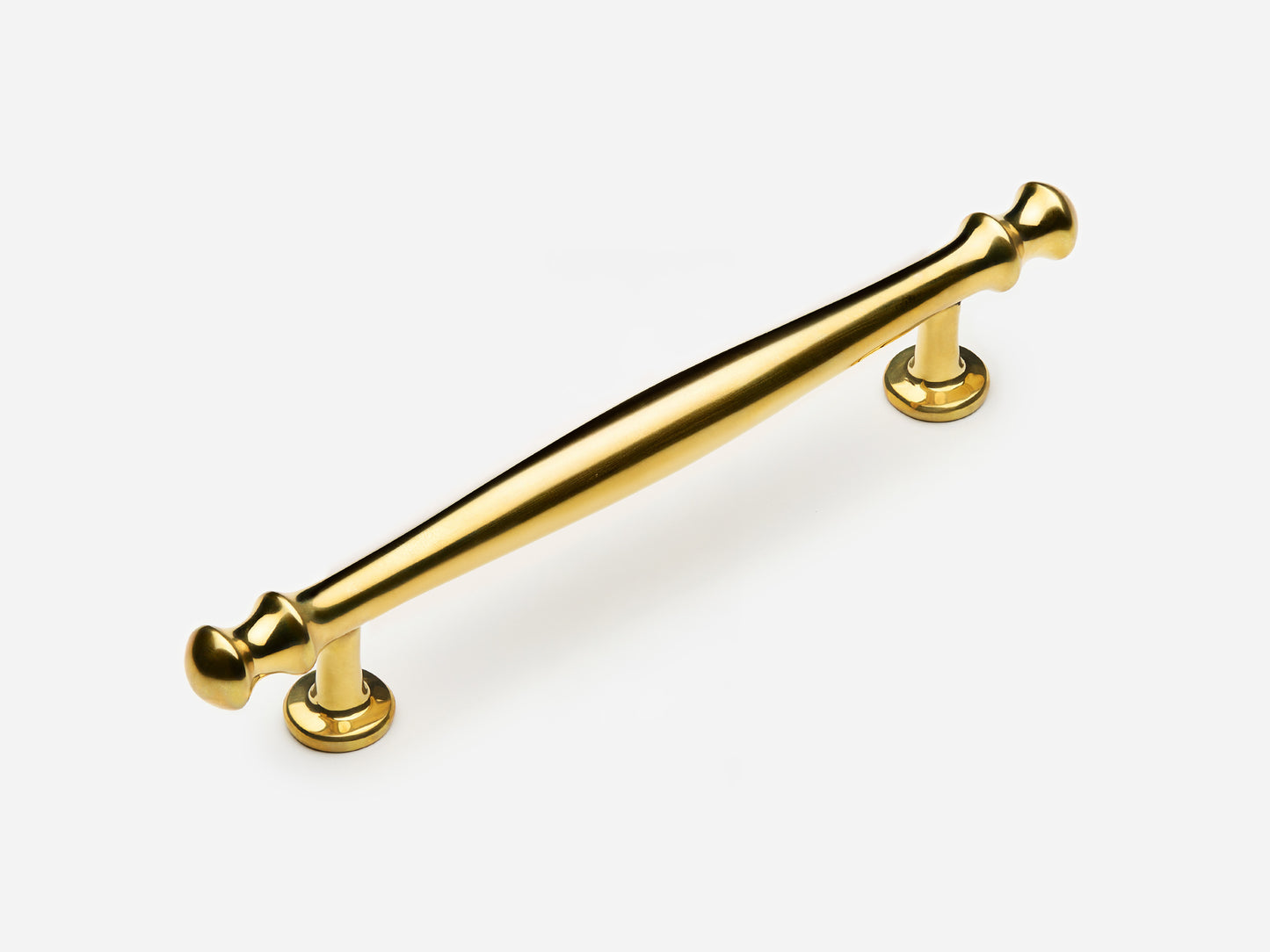 Solid brass Helena drawer pull, 6 inches, in an unlacquered polished brass finish for cabinets.