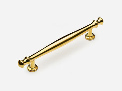 Solid brass Helena drawer pull, 6 inches, in an unlacquered polished brass finish for cabinets.