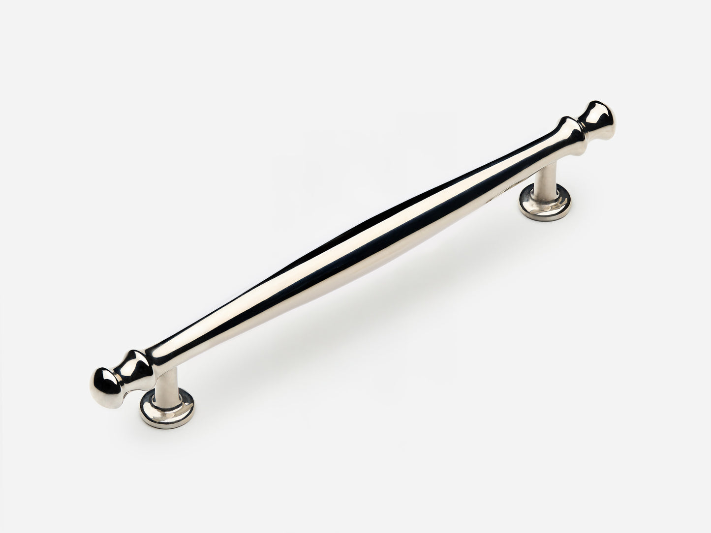 Solid brass Helena drawer pull, 8 inches, in a polished nickel finish for cabinets.