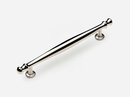 Solid brass Helena drawer pull, 8 inches, in a polished nickel finish for cabinets.