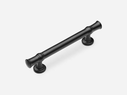 Solid brass Heritage drawer pull, 4 inches, in a matte black finish for cabinets.