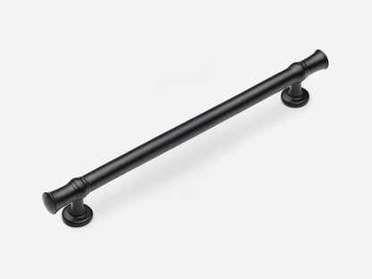 Solid brass Heritage drawer pull, 8 inches, in a matte black finish for cabinets.