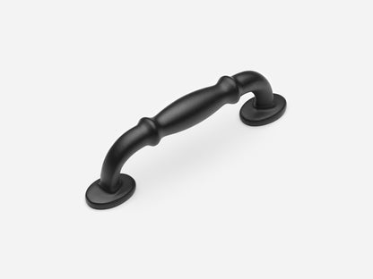 Solid brass Lilian drawer pull, 4 inches, in a matte black finish for cabinets.