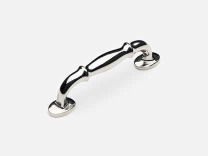 Solid brass Lilian drawer pull, 4 inches, in a polished nickel finish for cabinets.