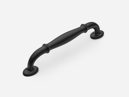 Solid brass Lilian drawer pull, 6 inches, in a matte black finish for cabinets.