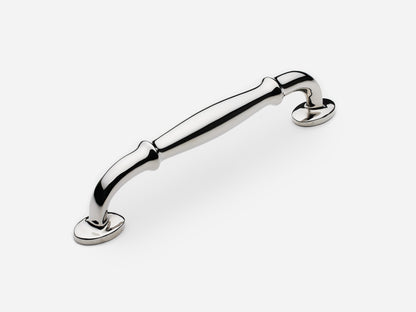 Solid brass Lilian drawer pull, 6 inches, in a polished nickel finish for cabinets.
