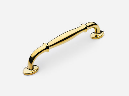 Solid brass Lilian drawer pull, 6 inches, in an unlacquered polished brass finish for cabinets.