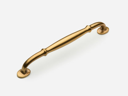 Solid brass Lilian drawer pull, 8 inches, in an aged brass finish for cabinets.
