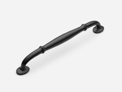 Solid brass Lilian drawer pull, 8 inches, in a matte black finish for cabinets.
