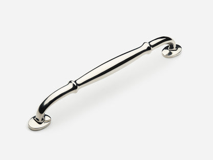 Solid brass Lilian drawer pull, 8 inches, in a polished nickel finish for cabinets.
