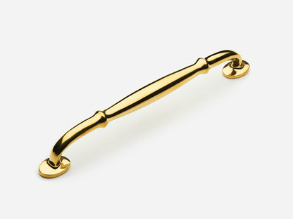 Solid brass Lilian drawer pull, 8 inches, in an unlacquered polished brass finish for cabinets.