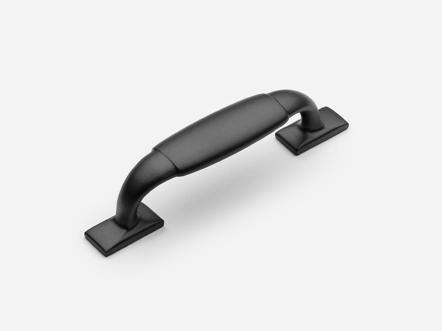Solid brass Packard drawer pull, 4 inches, in a matte black finish for cabinets.