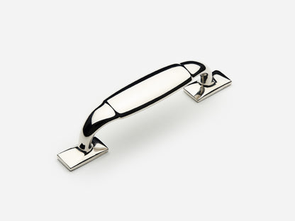 Solid brass Packard drawer pull, 4 inches, in a polished nickel finish for cabinets.
