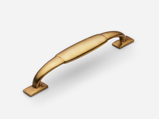 Solid brass Packard drawer pull, 6 inches, in an aged brass finish for cabinets.
