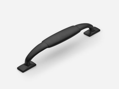 Solid brass Packard drawer pull, 6 inches, in a matte black finish for cabinets.