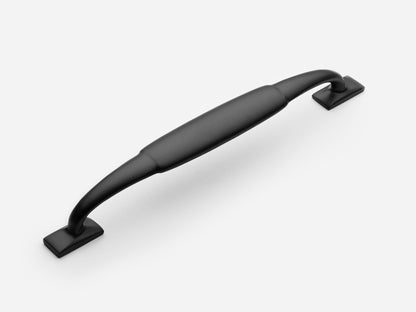 Solid brass Packard drawer pull, 8 inches, in a matte black finish for cabinets.