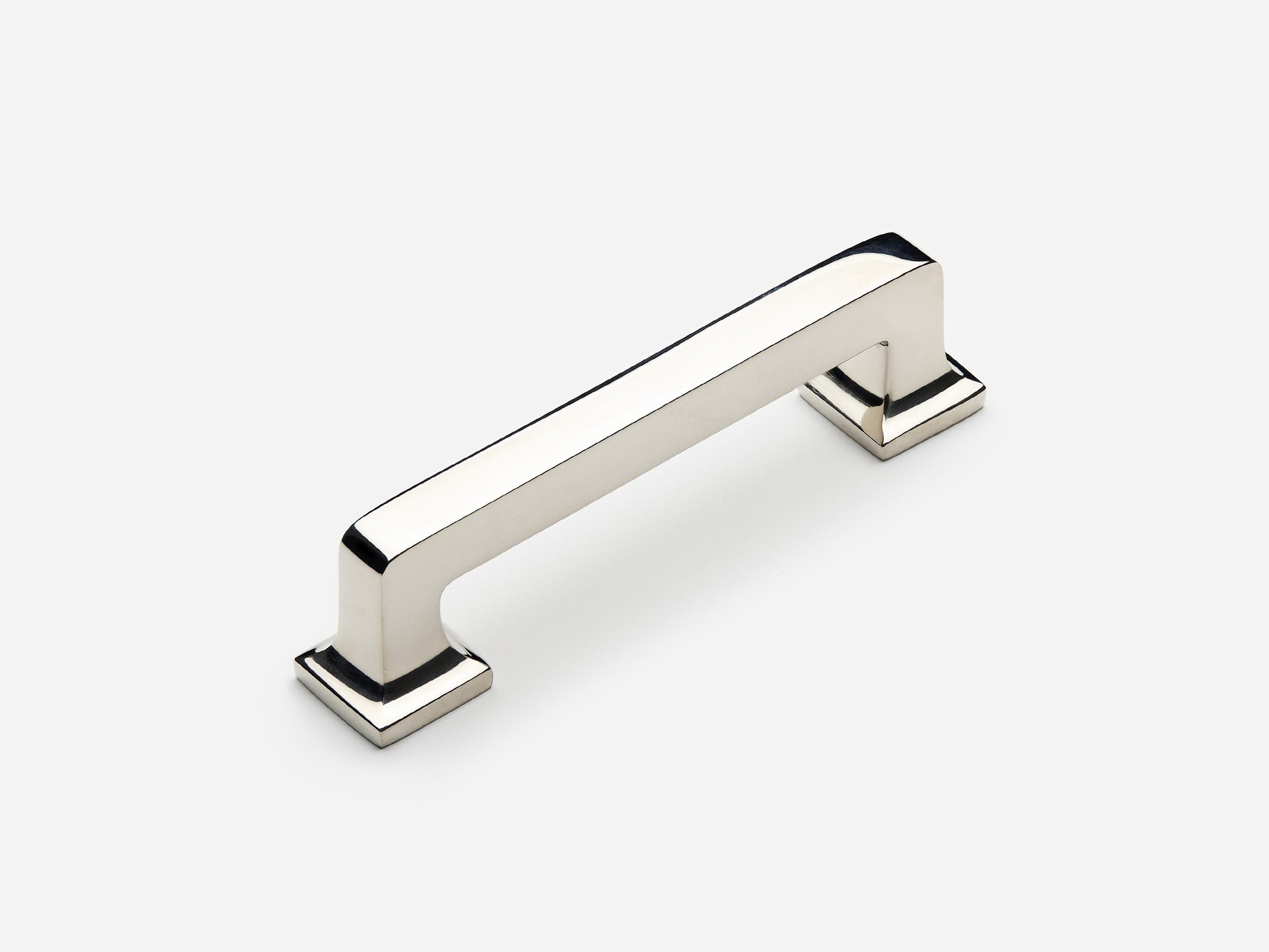 Solid brass Promontory drawer pull, 4 inches, in a polished nickel finish for cabinets.